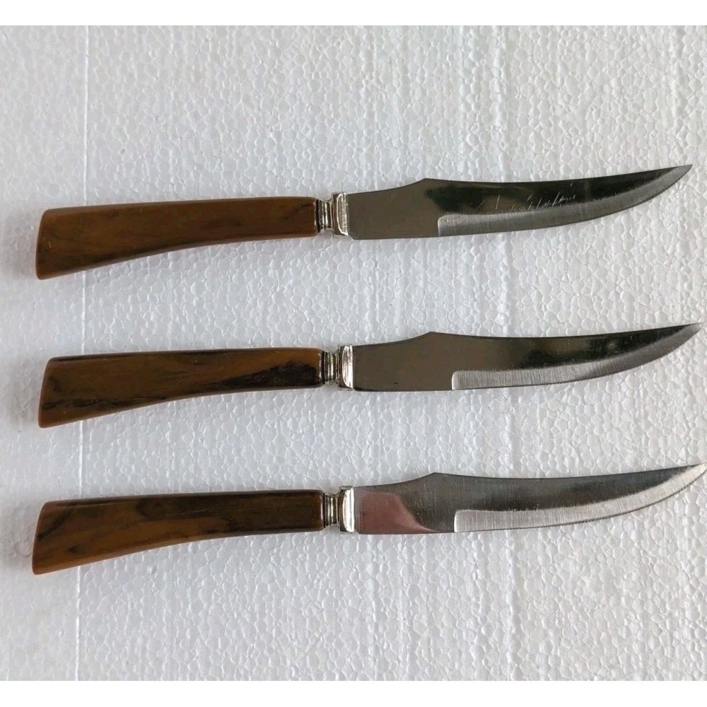 Armack Bakelite Handle Steak Knives Set Of 3 MCM 1950s VTG 6" Blade
